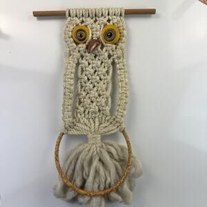 70s VTG Owl Wall Hanging Handmade Macrame Owl Towel Hanger Retro Boho Hippie